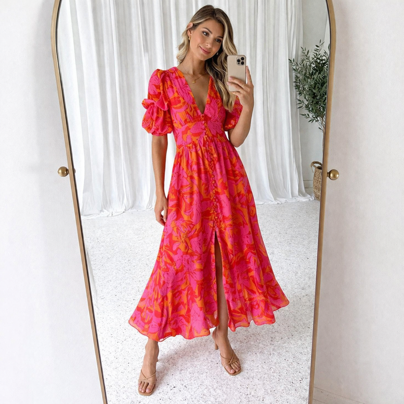Maxi Dress With Bold Pattern and Puff Sleeves