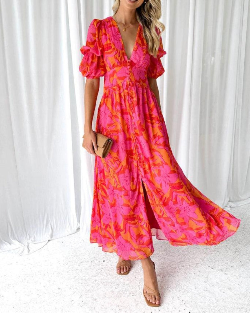 Maxi Dress With Bold Pattern and Puff Sleeves
