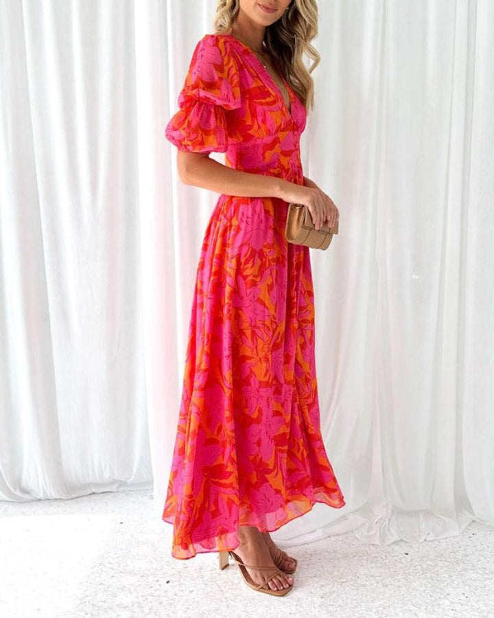 Maxi Dress With Bold Pattern and Puff Sleeves
