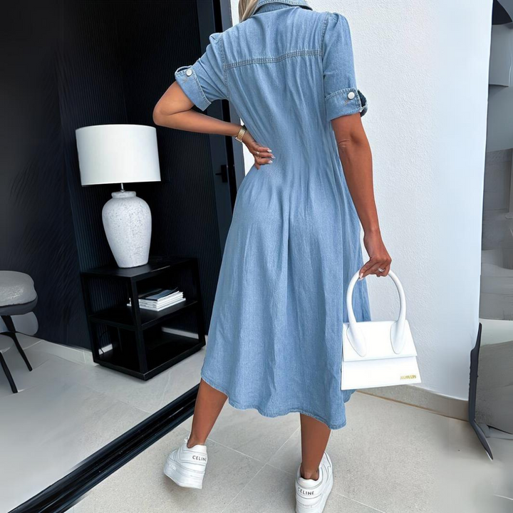 A-Line Midi Dress with Short Sleeves and Buttons