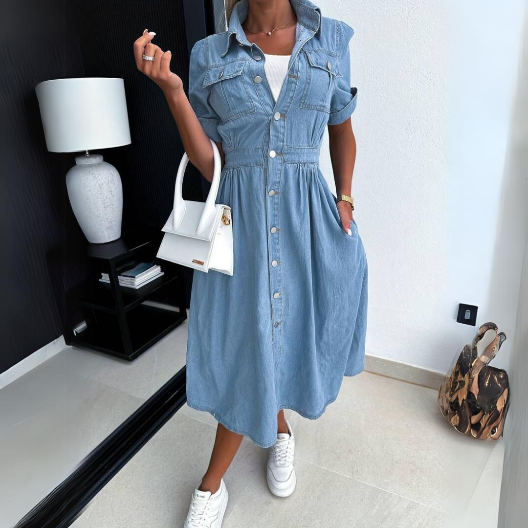 A-Line Midi Dress with Short Sleeves and Buttons
