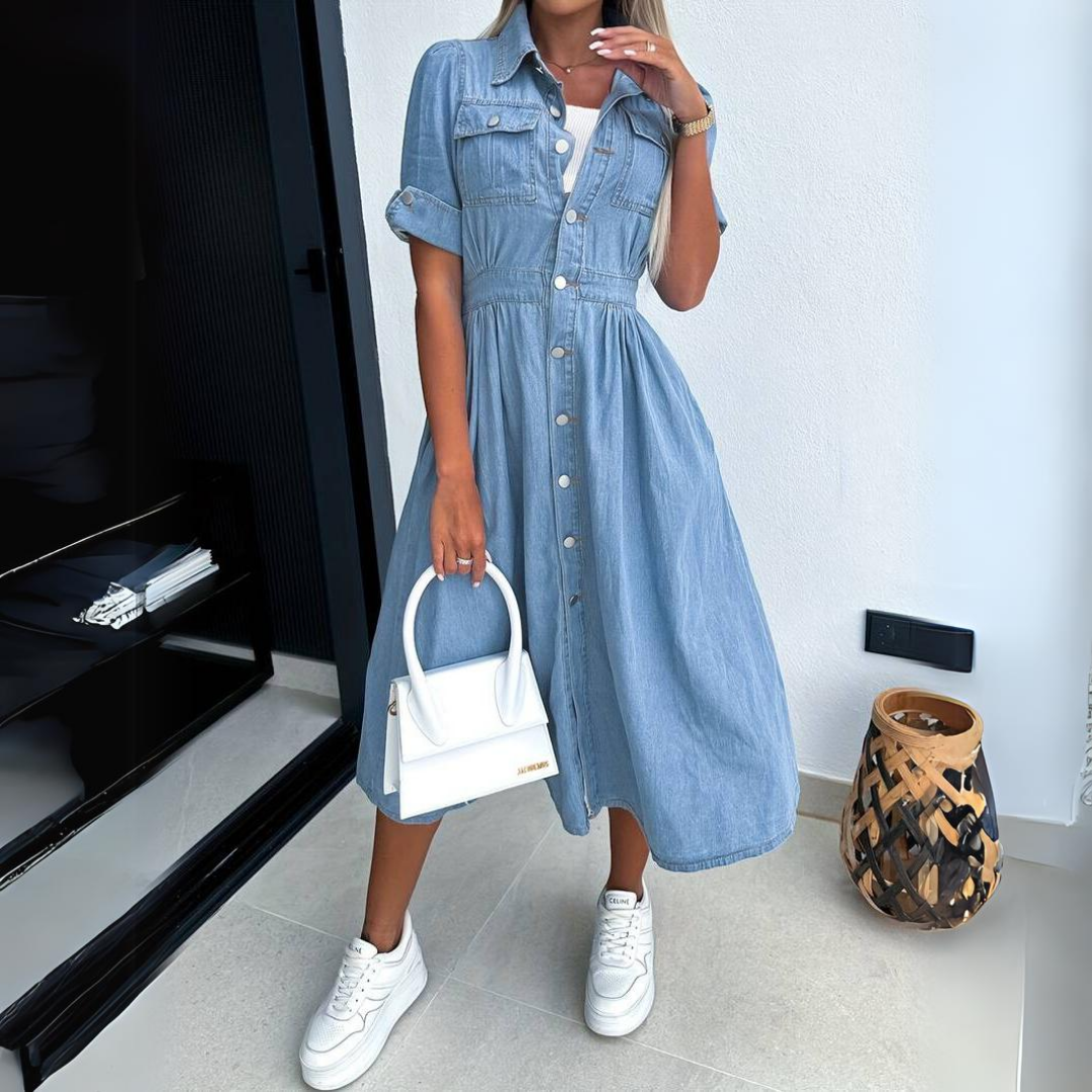 A-Line Midi Dress with Short Sleeves and Buttons