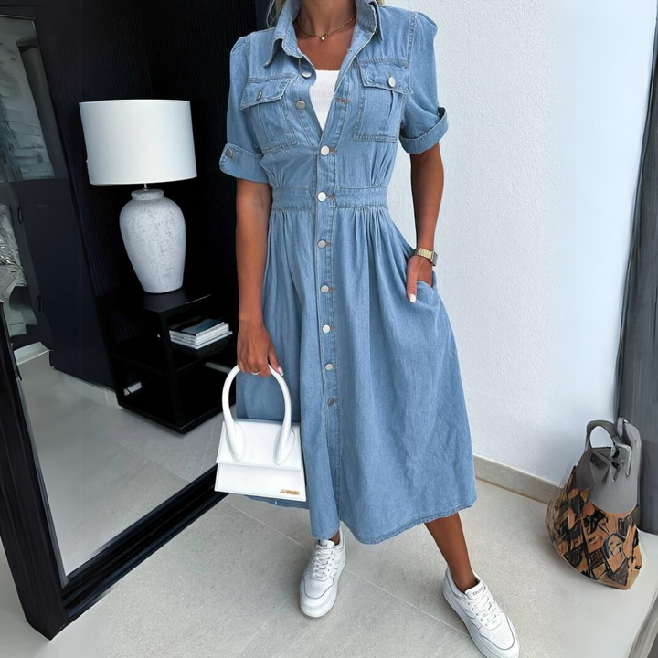 A-Line Midi Dress with Short Sleeves and Buttons