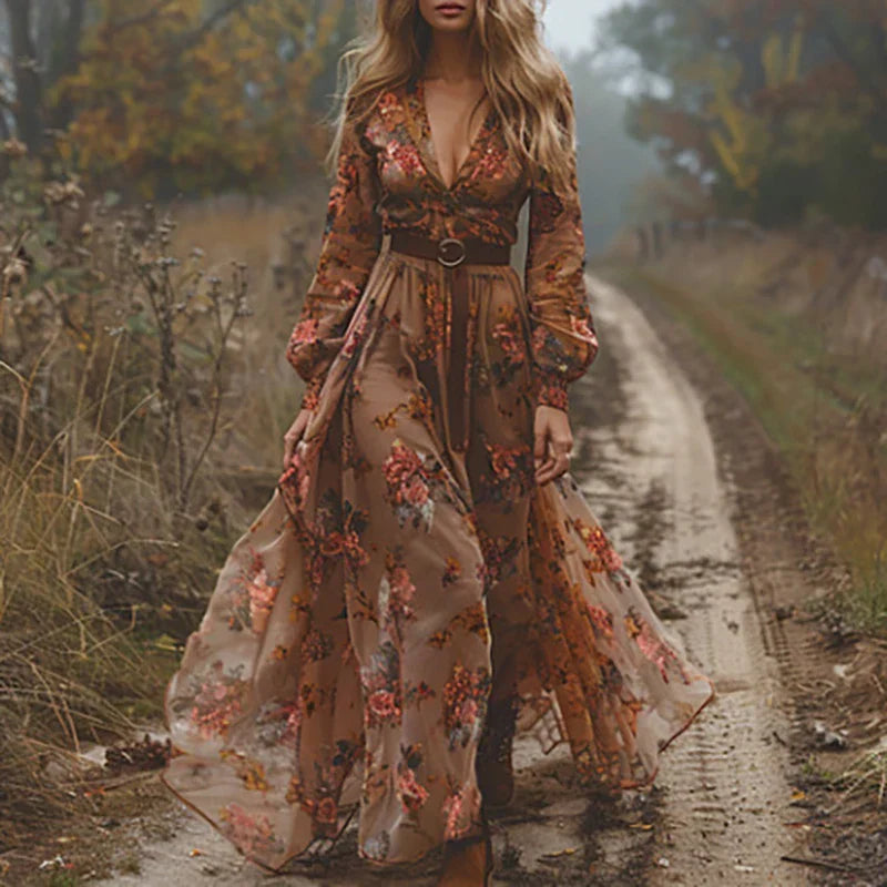 Bohemian Maxi Dress with Embroidered V Neck
