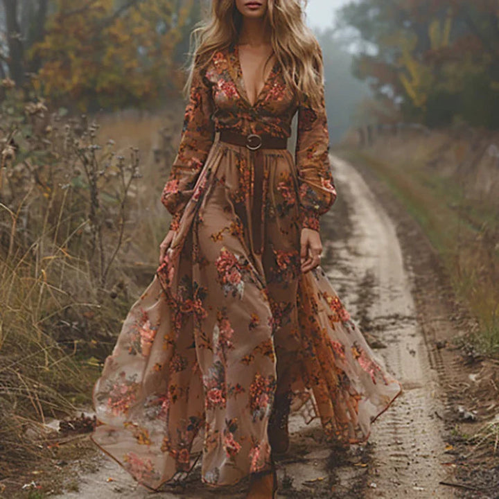 Bohemian Maxi Dress with Embroidered V Neck
