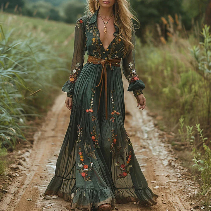 Bohemian Maxi Dress with Embroidered V Neck