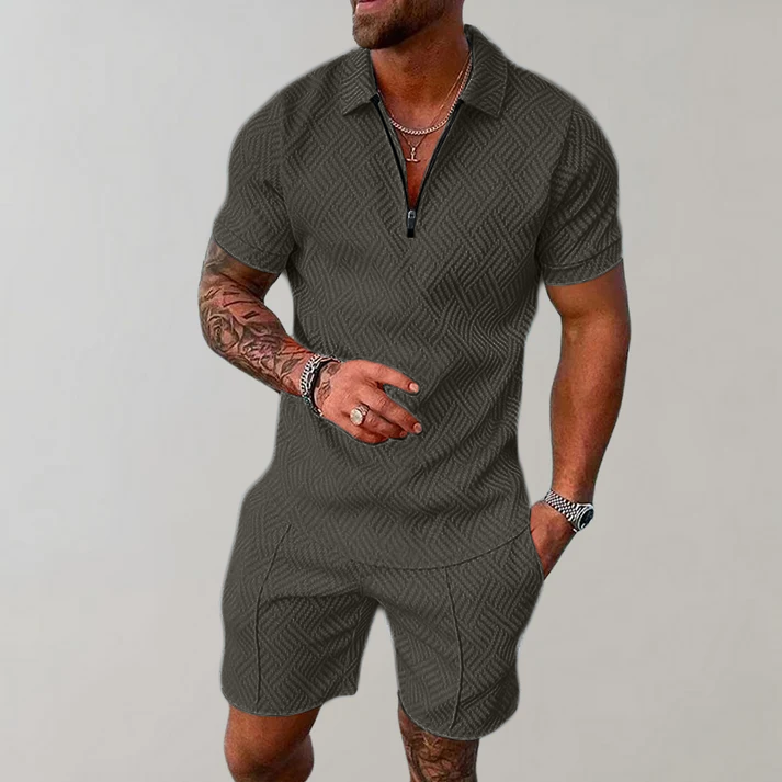 Casual Set for Men with Zip-Up Shirt and Shorts