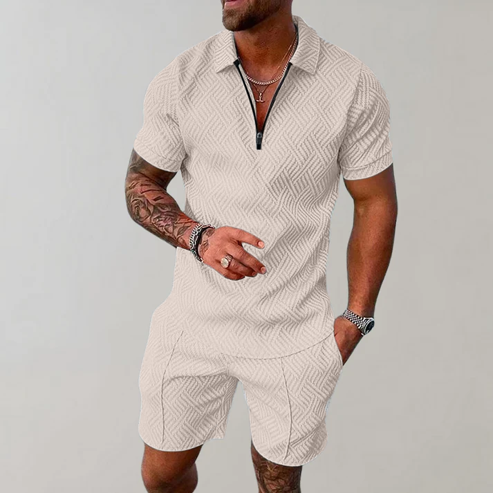 Casual Set for Men with Zip-Up Shirt and Shorts