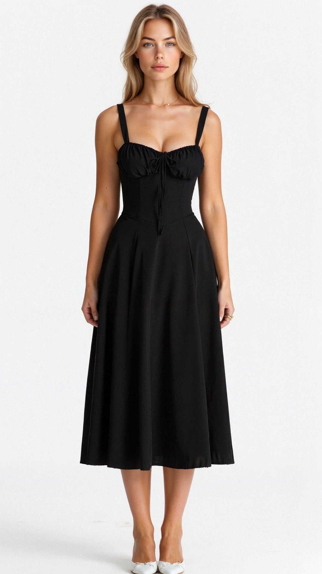 Corset-Inspired Midi Dress with Thin Straps