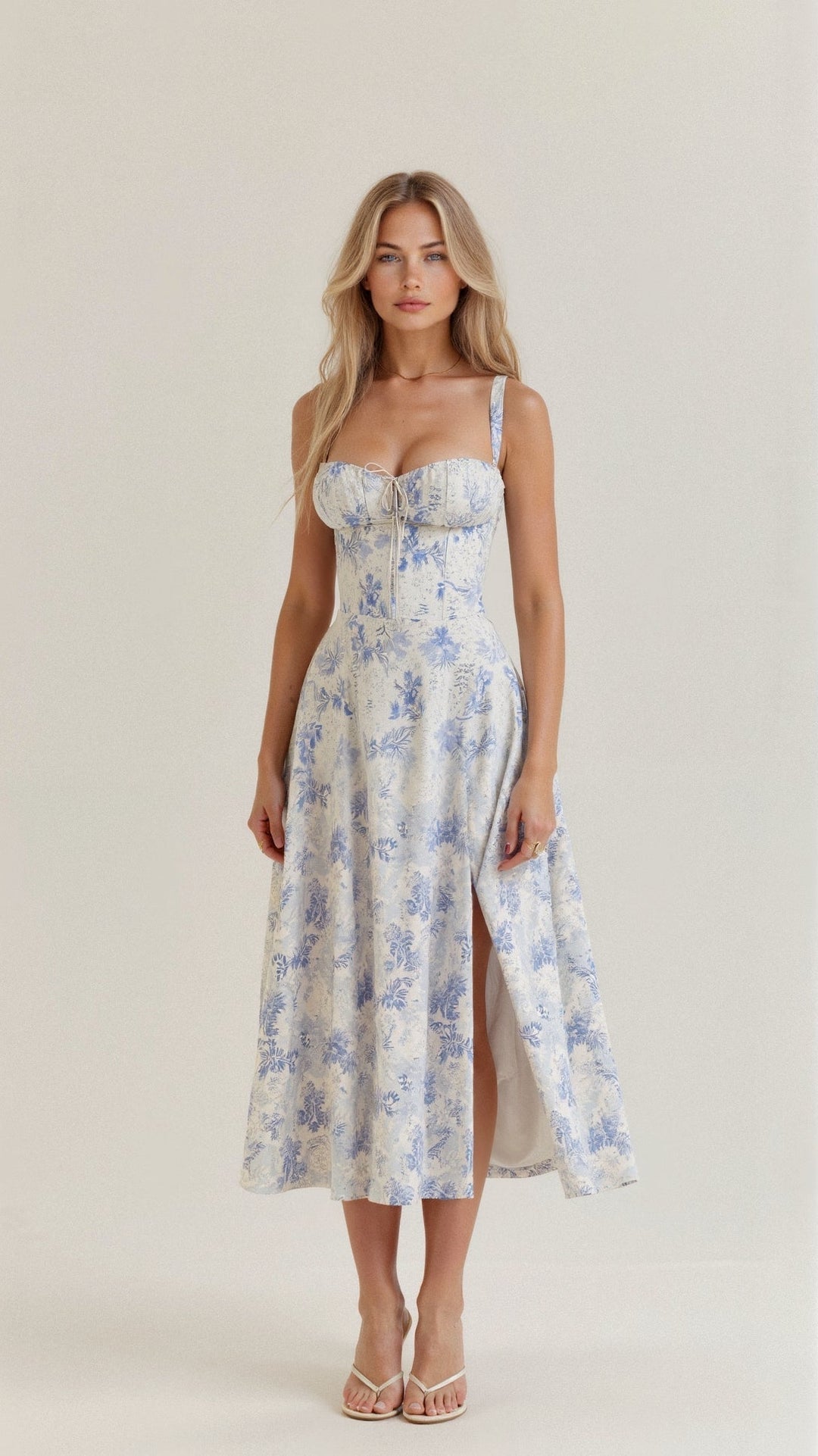 Corset-Inspired Midi Dress with Thin Straps