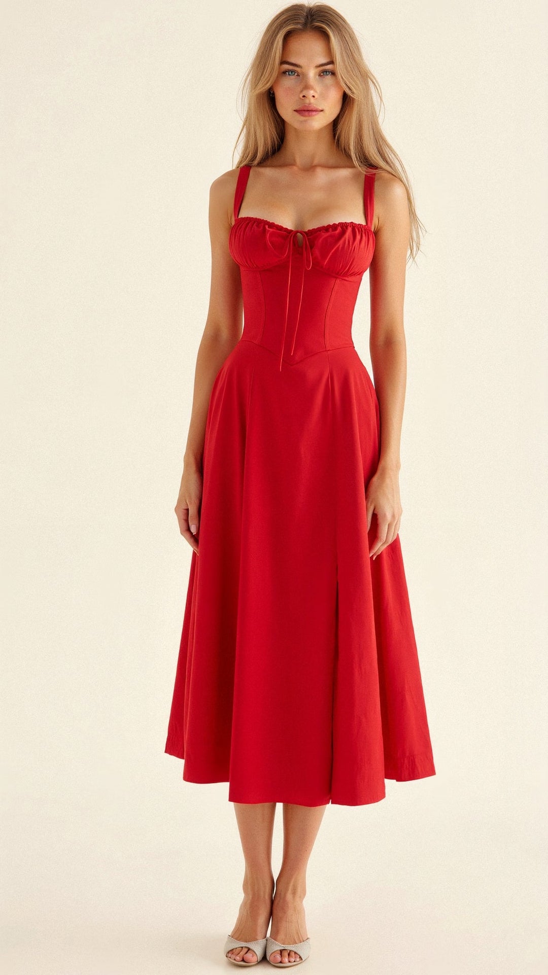 Corset-Inspired Midi Dress with Thin Straps
