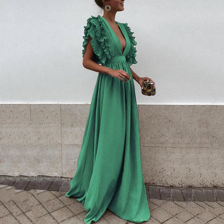 Elegant Maxi Dress with Ruffle Elements and Deep V Neckline