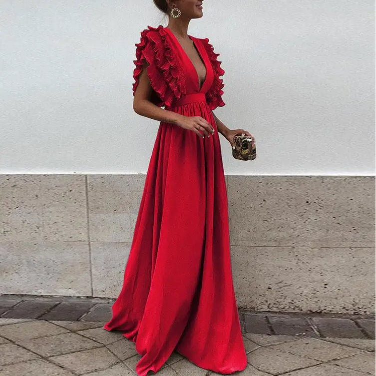 Elegant Maxi Dress with Ruffle Elements and Deep V Neckline