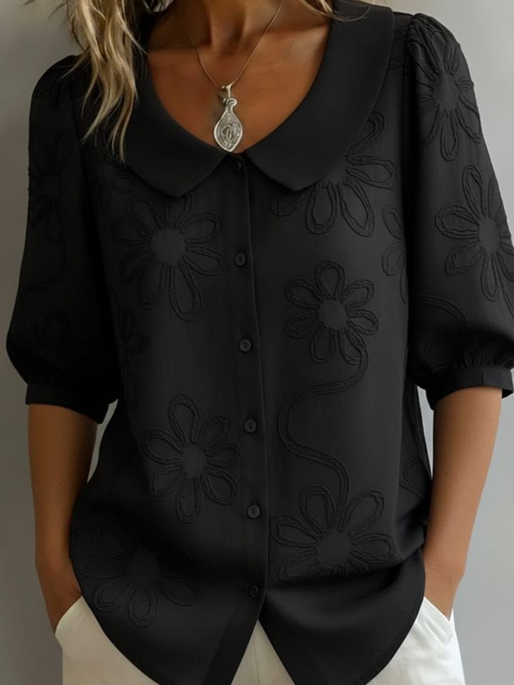 Elegant Short-Sleeved Shirt with Floral Decor
