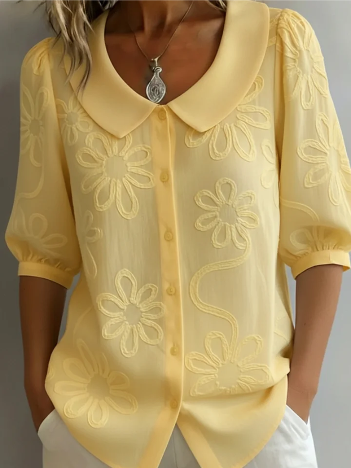 Elegant Short-Sleeved Shirt with Floral Decor
