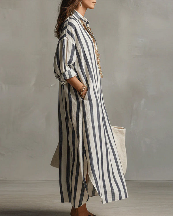 Long Striped Shirt Dress with Collar Detail