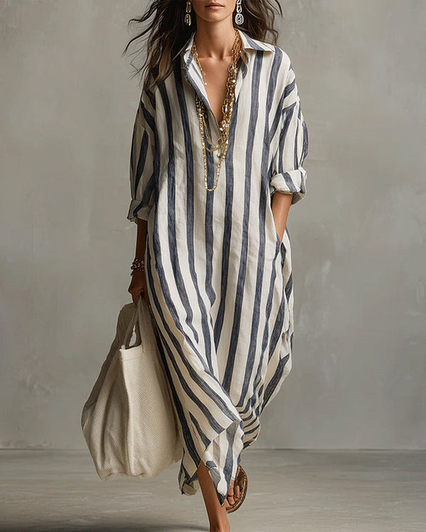 Long Striped Shirt Dress with Collar Detail