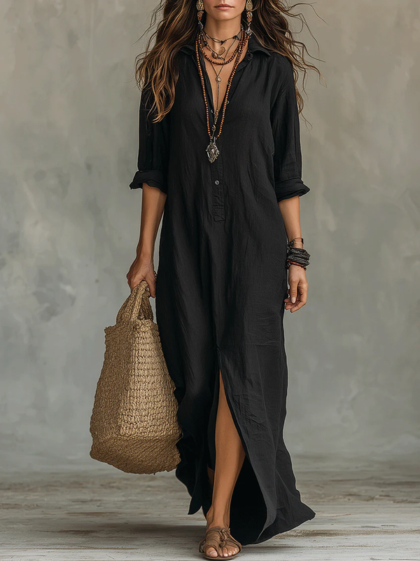Loose Maxi Dress with Button Front Closure