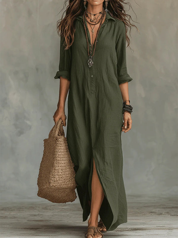 Loose Maxi Dress with Button Front Closure