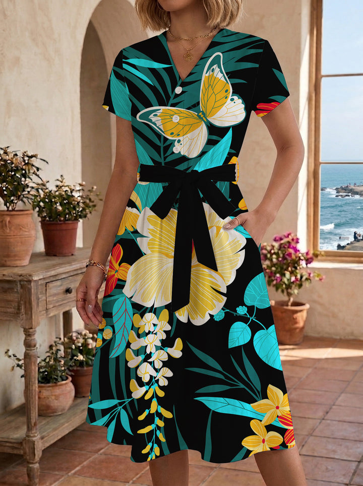Midi Dress With Floral Pattern and Belt