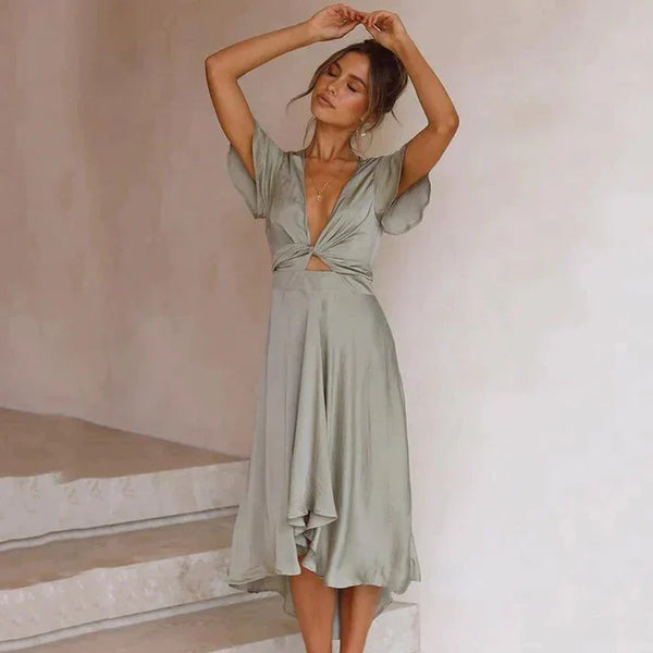 Midi Dress With V Neck and Cap Sleeves