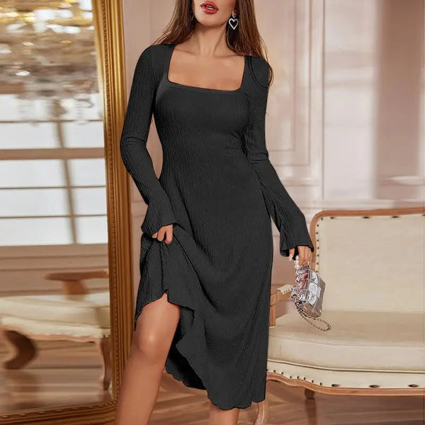 Midi Dress with Square Neckline and Long Sleeves