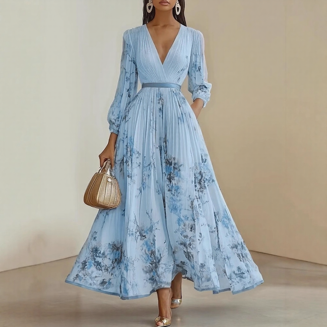 Pleated Maxi Dress with Floral Pattern