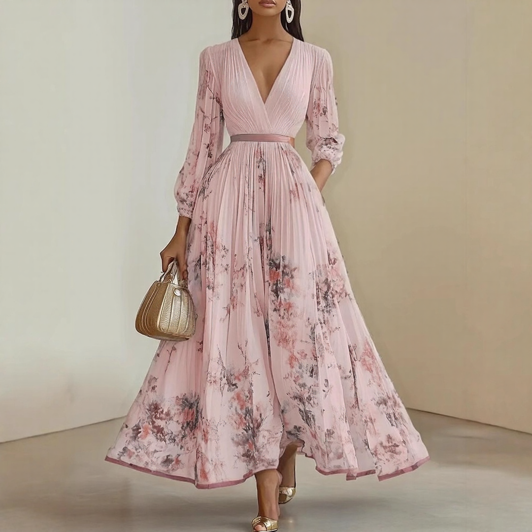 Pleated Maxi Dress with Floral Pattern