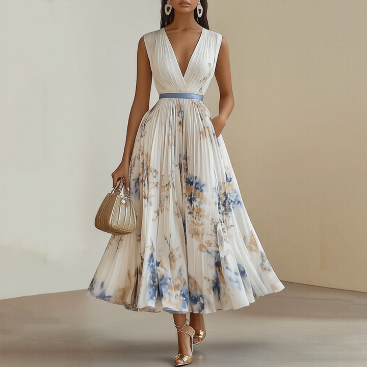 Pleated Maxi Dress with Floral Pattern