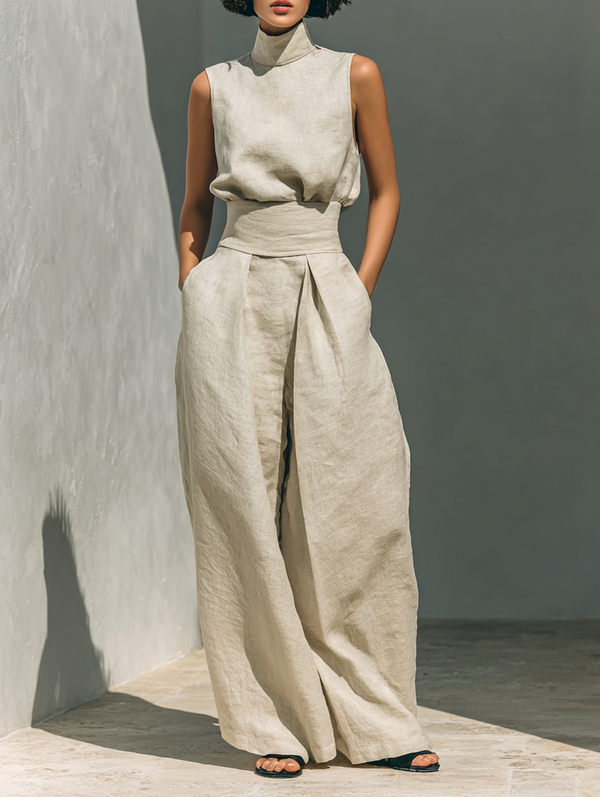 Stylish Summer Women Set with High Neck and Wide Trousers
