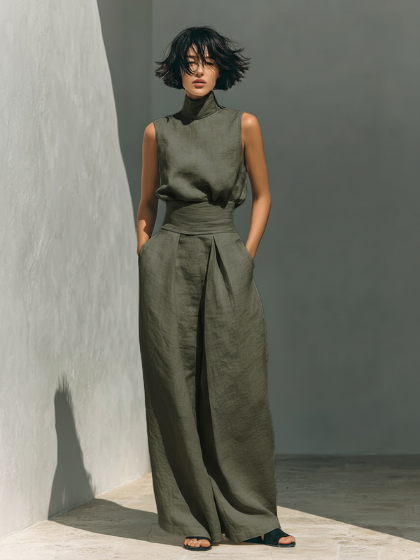 Stylish Summer Women Set with High Neck and Wide Trousers