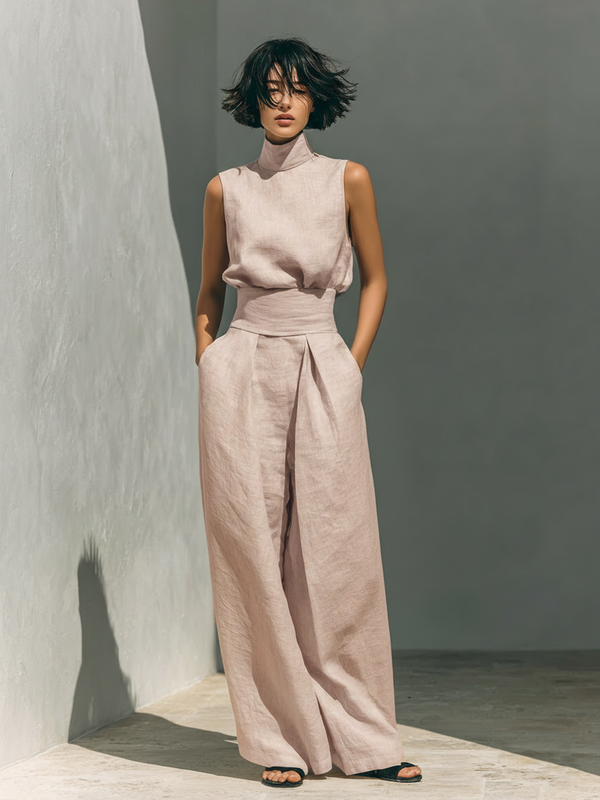 Stylish Summer Women Set with High Neck and Wide Trousers