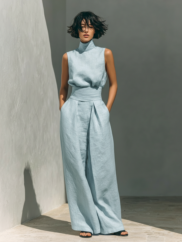 Stylish Summer Women Set with High Neck and Wide Trousers
